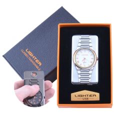USB зажигалка BLue с часами в подарочной упаковке LIGHTER Cпираль накаливания