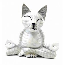 Статуэтка Кот в позе лотоса деревянный белый(15х15х18 см) A