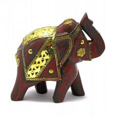 Статуэтка Слон деревянный винтажный с медными вставками H-14 см